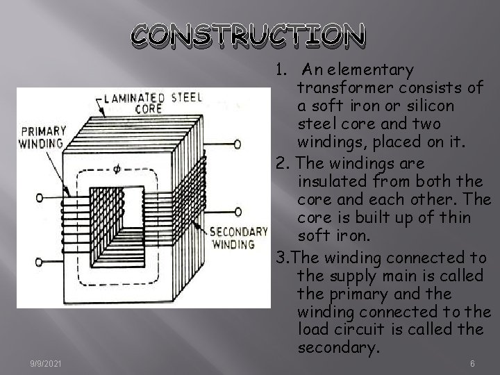 CONSTRUCTION 1. An elementary transformer consists of a soft iron or silicon steel core