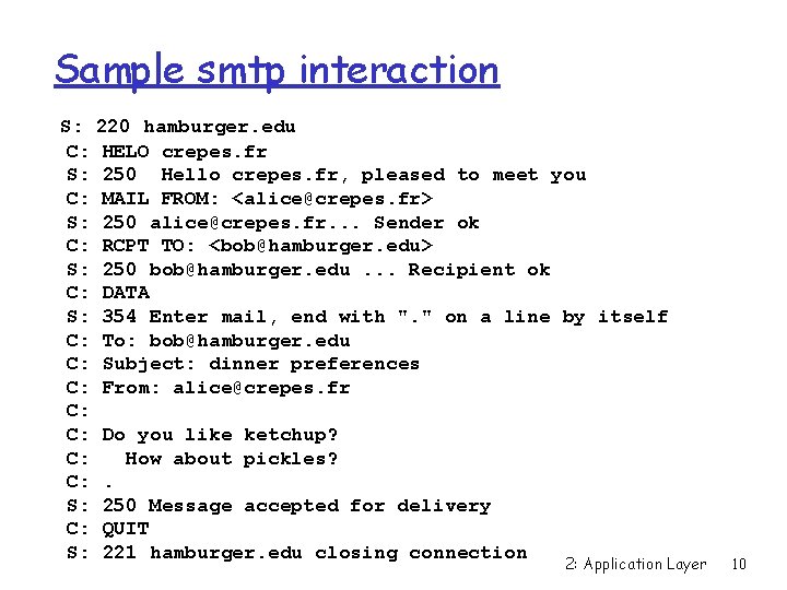 Sample smtp interaction S: 220 hamburger. edu C: HELO crepes. fr S: 250 Hello