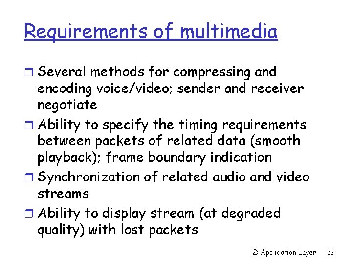 Requirements of multimedia r Several methods for compressing and encoding voice/video; sender and receiver