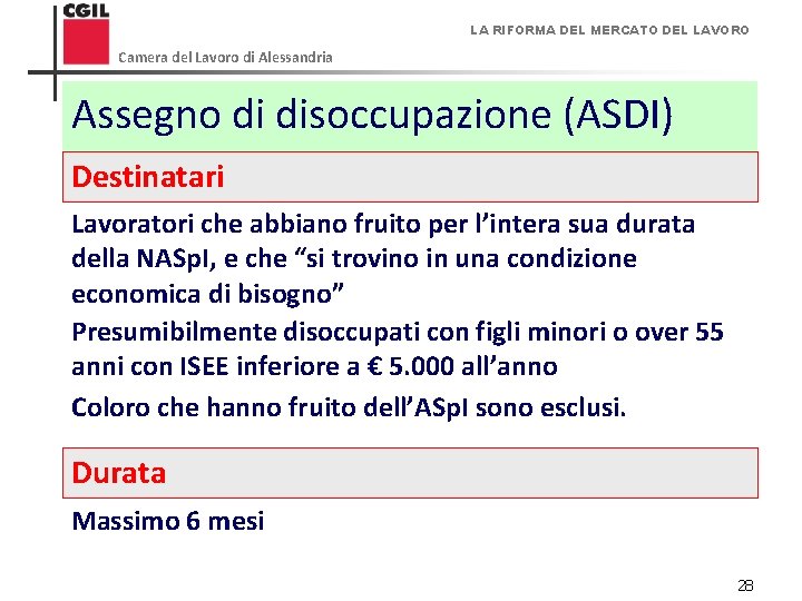 LA RIFORMA DEL MERCATO DEL LAVORO Camera del Lavoro di Alessandria Assegno di disoccupazione