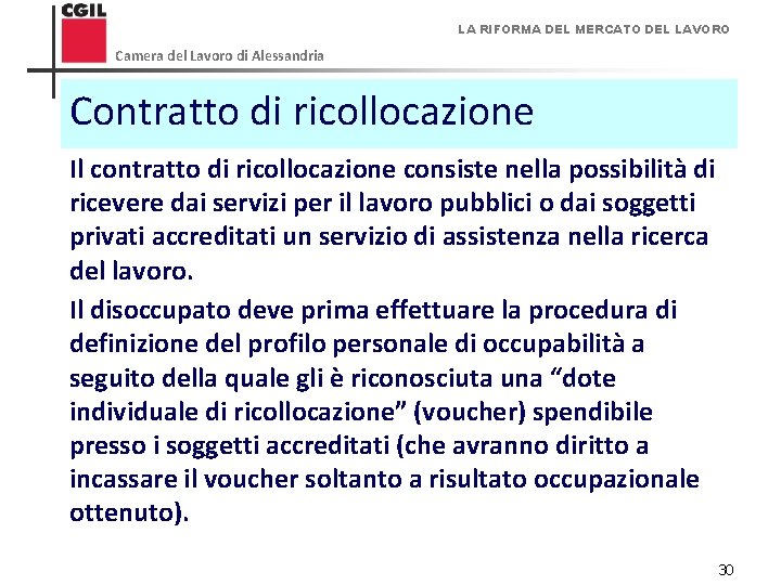 LA RIFORMA DEL MERCATO DEL LAVORO Camera del Lavoro di Alessandria Contratto di ricollocazione