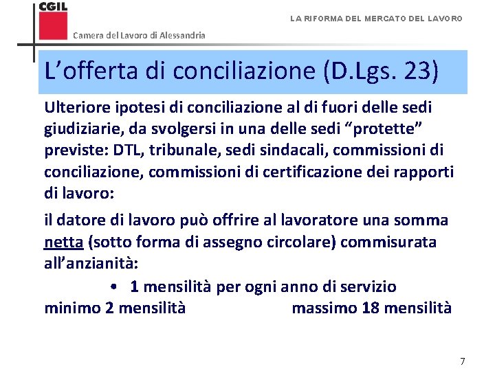 LA RIFORMA DEL MERCATO DEL LAVORO Camera del Lavoro di Alessandria L’offerta di conciliazione