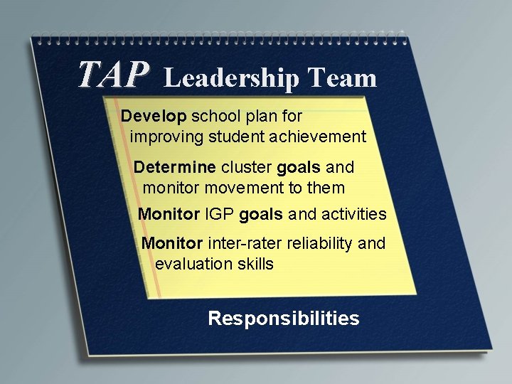 TAP Leadership Team Develop school plan for improving student achievement Determine cluster goals and