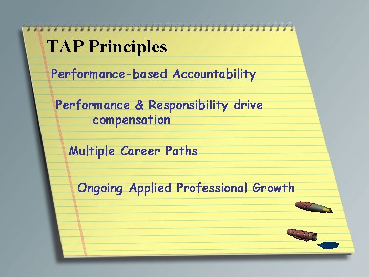 TAP Principles Performance-based Accountability Performance & Responsibility drive compensation Multiple Career Paths Ongoing Applied
