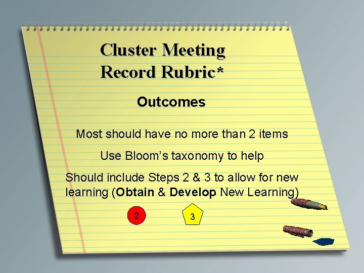 Cluster Meeting Record Rubric* Outcomes Most should have no more than 2 items Use