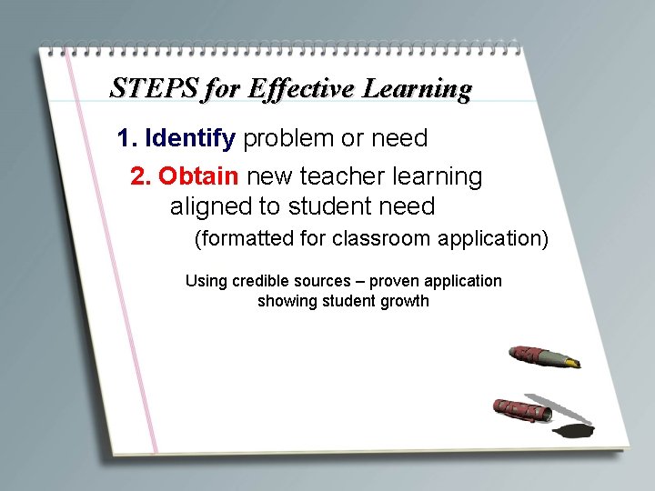 STEPS for Effective Learning 1. Identify problem or need 2. Obtain new teacher learning
