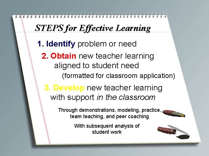 STEPS for Effective Learning 1. Identify problem or need 2. Obtain new teacher learning