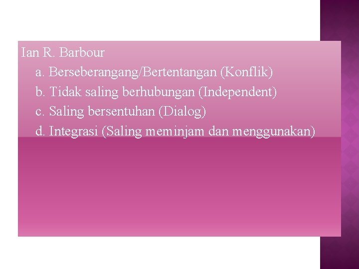 Ian R. Barbour a. Berseberangang/Bertentangan (Konflik) b. Tidak saling berhubungan (Independent) c. Saling bersentuhan