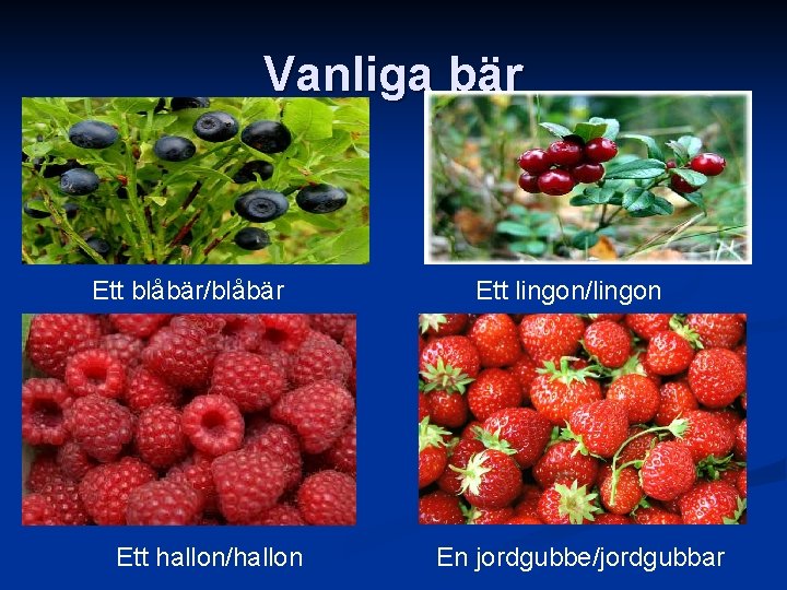 Vanliga bär Ett blåbär/blåbär Ett hallon/hallon Ett lingon/lingon En jordgubbe/jordgubbar 