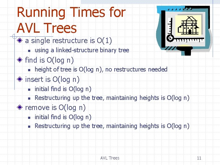 Running Times for AVL Trees a single restructure is O(1) n using a linked-structure Running Times for AVL Trees a single restructure is O(1) n using a linked-structure