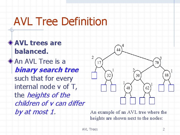 AVL Tree Definition AVL trees are balanced. An AVL Tree is a binary search AVL Tree Definition AVL trees are balanced. An AVL Tree is a binary search
