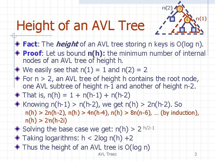 n(2) Height of an AVL Tree 3 4 n(1) Fact: The height of an n(2) Height of an AVL Tree 3 4 n(1) Fact: The height of an
