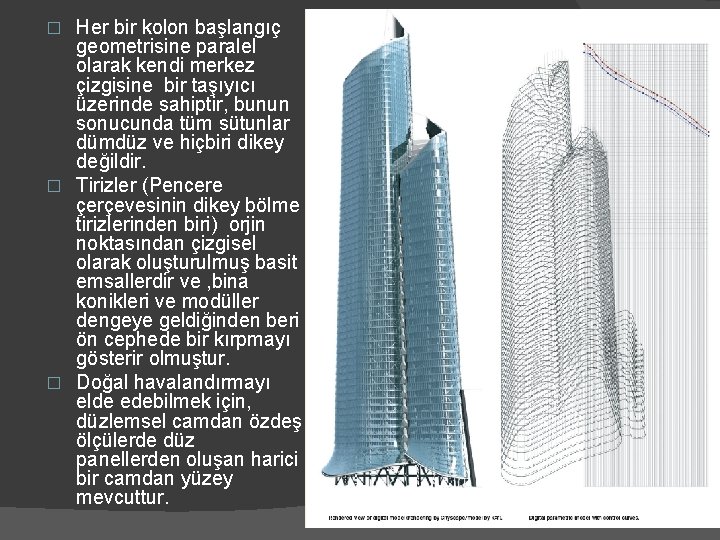 Her bir kolon başlangıç geometrisine paralel olarak kendi merkez çizgisine bir taşıyıcı üzerinde sahiptir,