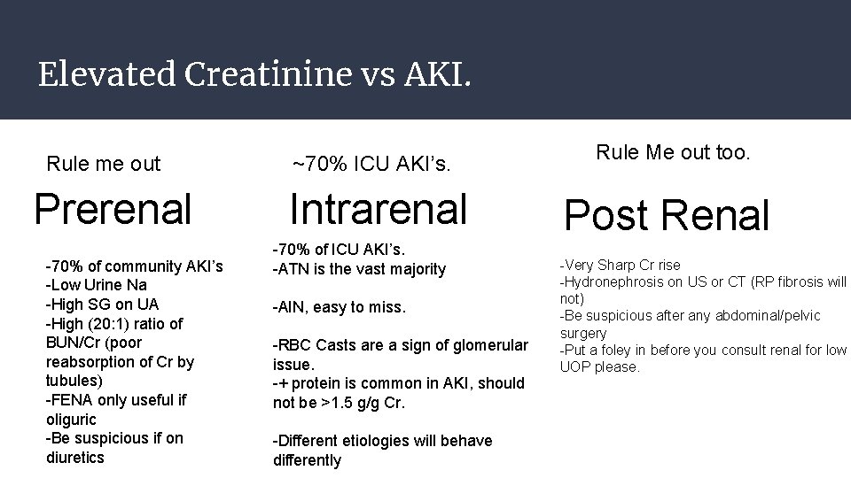 Elevated Creatinine vs AKI. Rule me out Prerenal -70% of community AKI’s -Low Urine