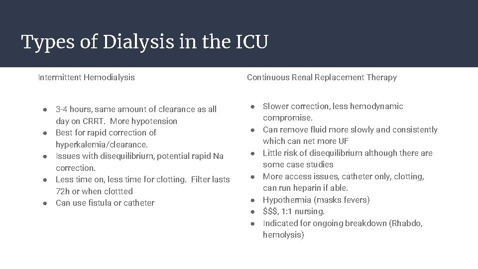 Types of Dialysis in the ICU Intermittent Hemodialysis ● 3 -4 hours, same amount