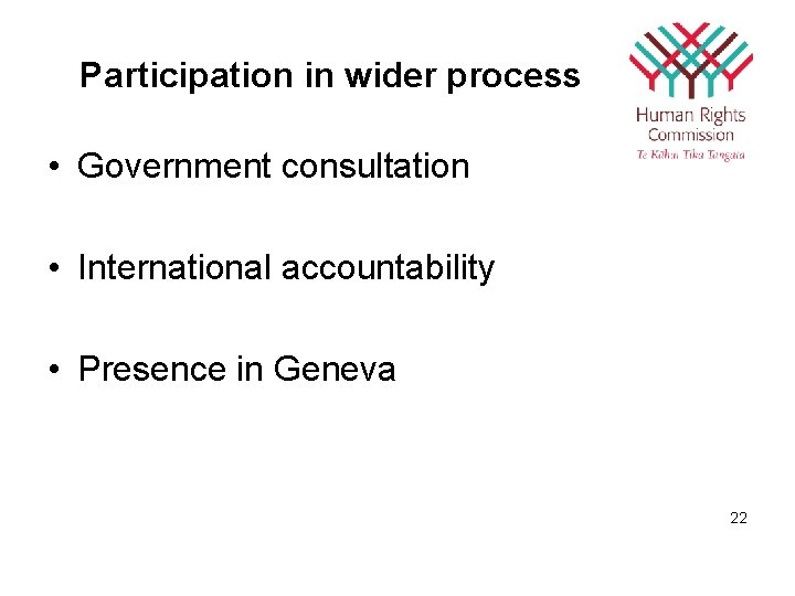 Participation in wider process • Government consultation • International accountability • Presence in Geneva