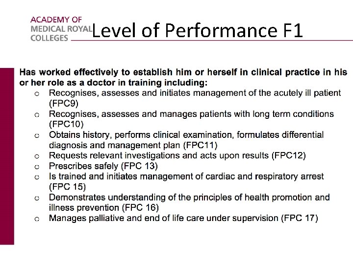 Level of Performance F 1 