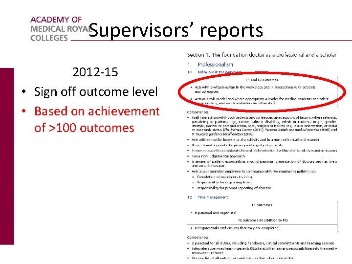 Supervisors’ reports 2012 -15 • Sign off outcome level • Based on achievement of