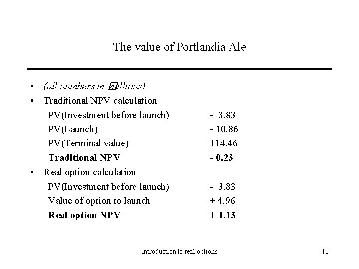 The value of Portlandia Ale • (all numbers in � millions) • Traditional NPV