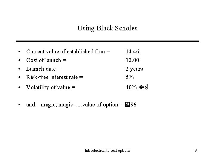 Using Black Scholes • • Current value of established firm = Cost of launch