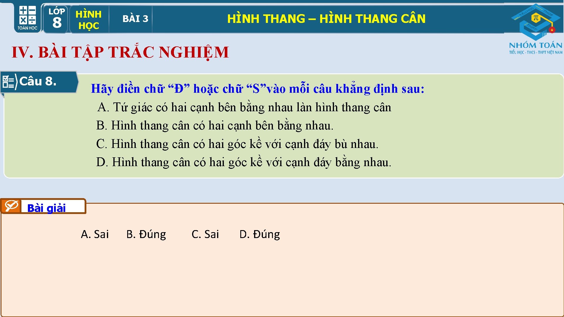 LỚP HÌNH HỌCBÀI 33 89 HÌNH THANG – HÌNH THANG C N HÌNH THANG