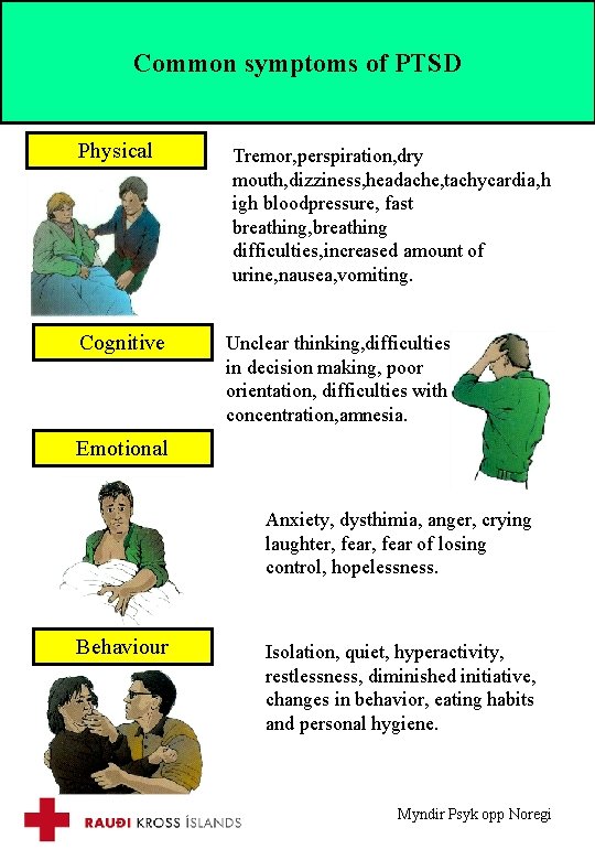 Common symptoms of PTSD Physical Cognitive Tremor, perspiration, dry mouth, dizziness, headache, tachycardia, h