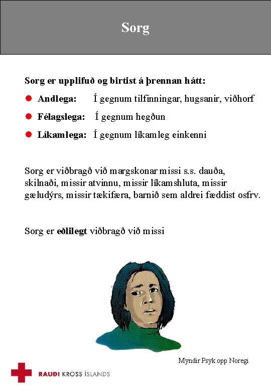 Sorg er upplifuð og birtist á þrennan hátt: l Andlega: Í gegnum tilfinningar, hugsanir,