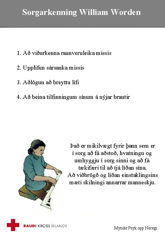 Sorgarkenning William Worden 1. Að viðurkenna raunveruleika missis 2. Upplifun sársauka missis 3. Aðlögun