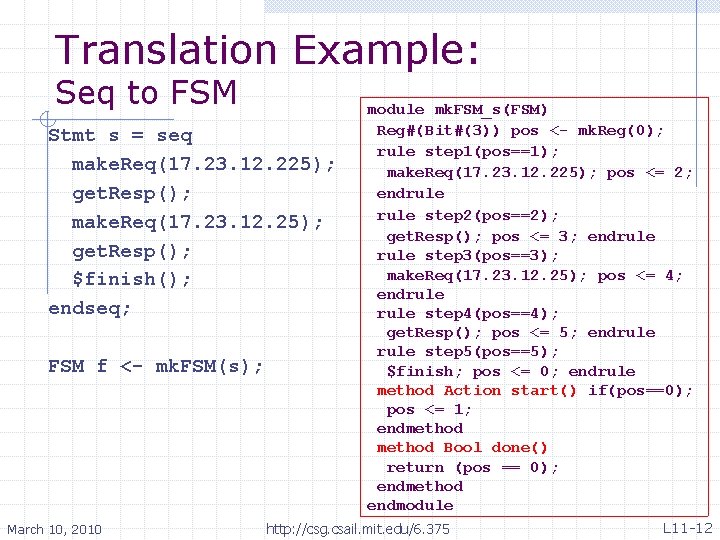 Translation Example: Seq to FSM Stmt s = seq make. Req(17. 23. 12. 225);