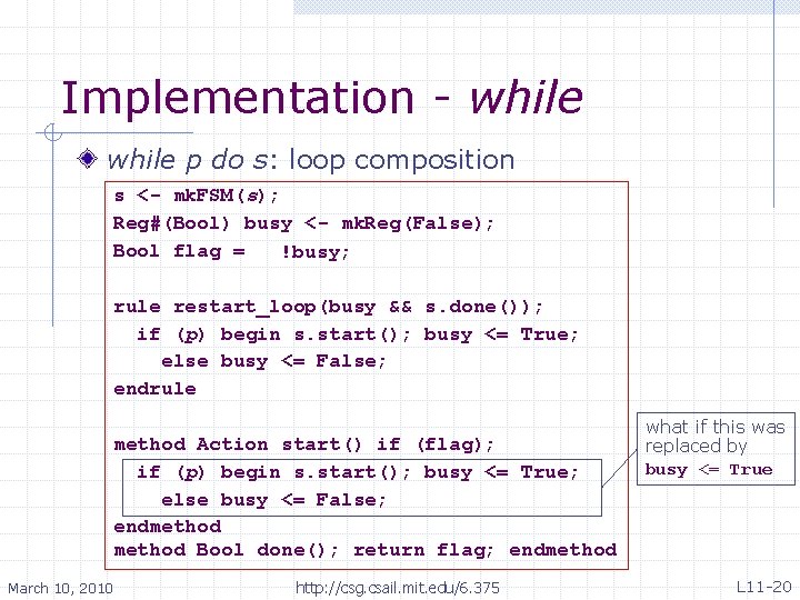 Implementation - while p do s: loop composition s <- mk. FSM(s); Reg#(Bool) busy