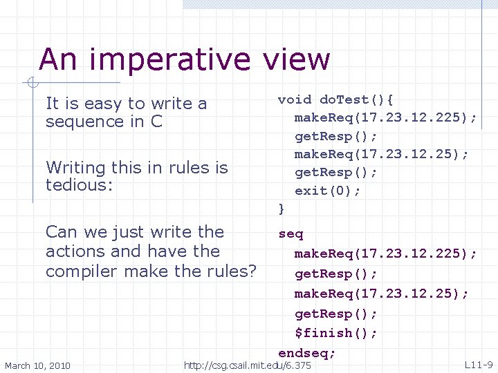 An imperative view It is easy to write a sequence in C Writing this