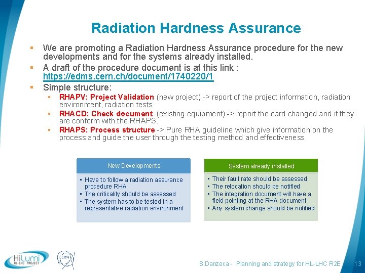 Radiation Hardness Assurance § § § We are promoting a Radiation Hardness Assurance procedure