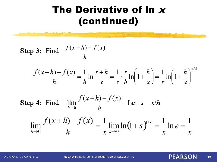 The Derivative of ln x (continued) Step 3: Find Step 4: Find . Let