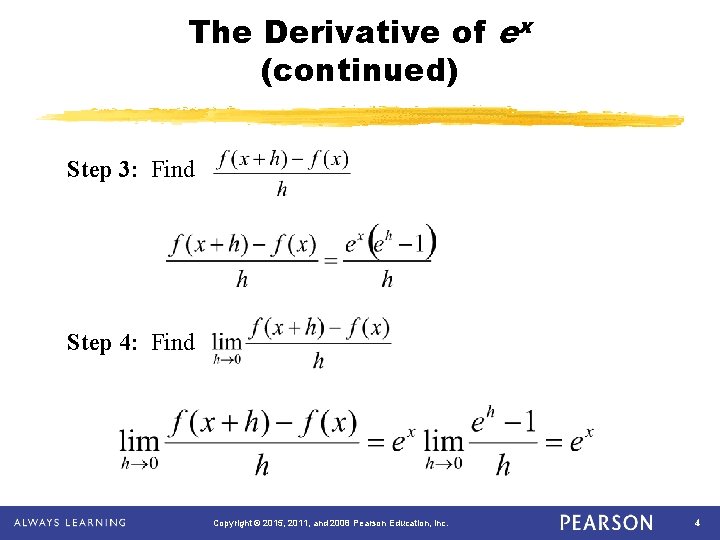 The Derivative of ex (continued) Step 3: Find Step 4: Find Copyright © 2015,