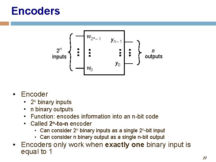 Encoders w 2 n – 1 yn – 1 2 n inputs n outputs