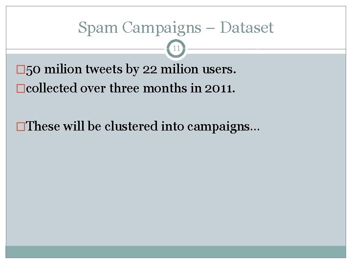 Spam Campaigns – Dataset 11 � 50 milion tweets by 22 milion users. �collected