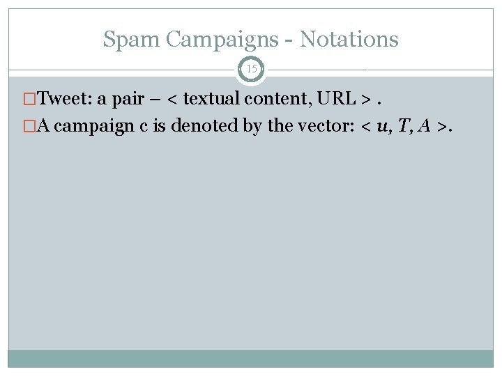 Spam Campaigns - Notations 15 �Tweet: a pair – < textual content, URL >.
