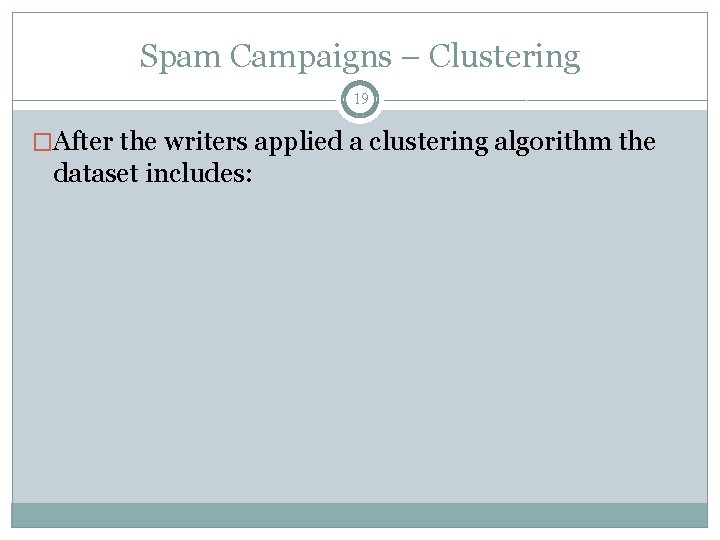 Spam Campaigns – Clustering 19 �After the writers applied a clustering algorithm the dataset