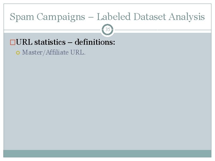 Spam Campaigns – Labeled Dataset Analysis 35 �URL statistics – definitions: Master/Affiliate URL. 