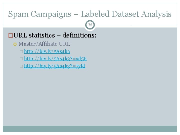 Spam Campaigns – Labeled Dataset Analysis 36 �URL statistics – definitions: Master/Affiliate URL: �