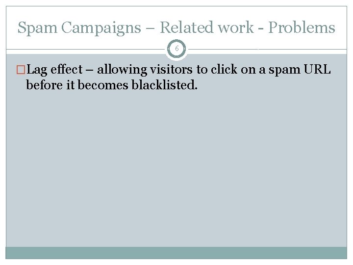 Spam Campaigns – Related work - Problems 6 �Lag effect – allowing visitors to