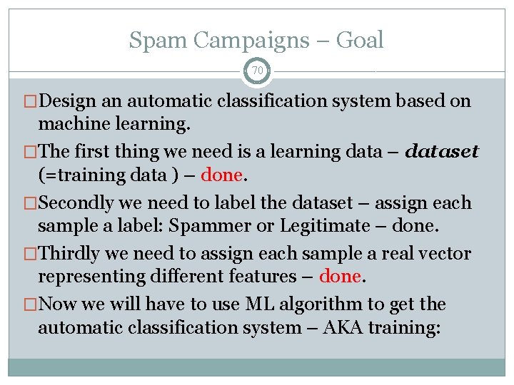 Spam Campaigns – Goal 70 �Design an automatic classification system based on machine learning.