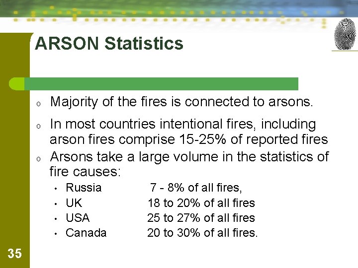 ARSON Statistics o o o Majority of the fires is connected to arsons. In