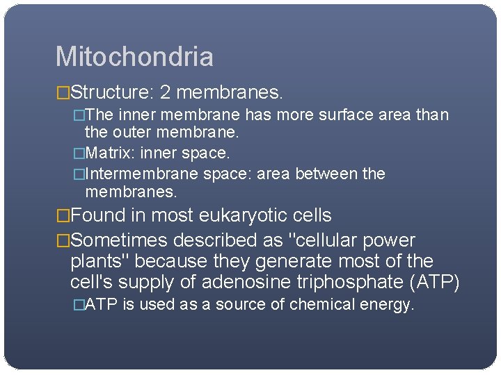 Mitochondria �Structure: 2 membranes. �The inner membrane has more surface area than the outer Mitochondria �Structure: 2 membranes. �The inner membrane has more surface area than the outer