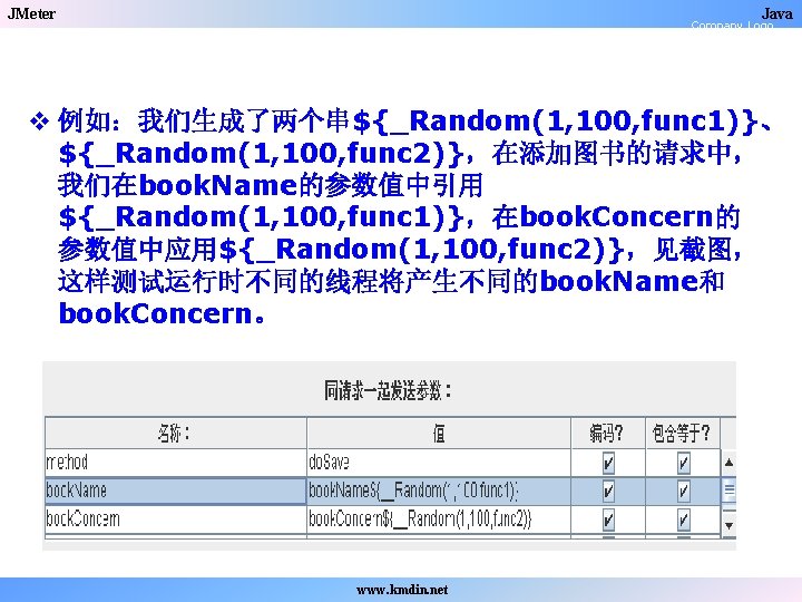 JMeter Java Company Logo v 例如：我们生成了两个串${_Random(1, 100, func 1)}、 ${_Random(1, 100, func 2)}，在添加图书的请求中， 我们在book.