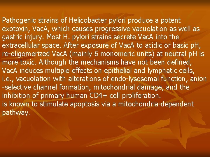 Pathogenic strains of Helicobacter pylori produce a potent exotoxin, Vac. A, which causes progressive