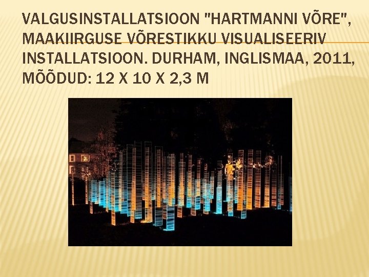 VALGUSINSTALLATSIOON "HARTMANNI VÕRE", MAAKIIRGUSE VÕRESTIKKU VISUALISEERIV INSTALLATSIOON. DURHAM, INGLISMAA, 2011, MÕÕDUD: 12 X 10