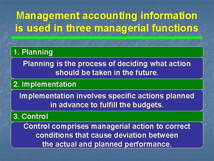 Management accounting information is used in three managerial functions 1. Planning is the process