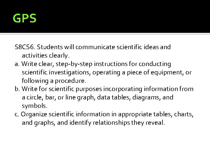 GPS S 8 CS 6. Students will communicate scientific ideas and activities clearly. a.