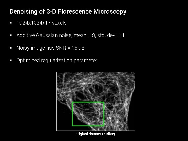 Denoising of 3 -D Florescence Microscopy § 1024 x 17 voxels § Additive Gaussian